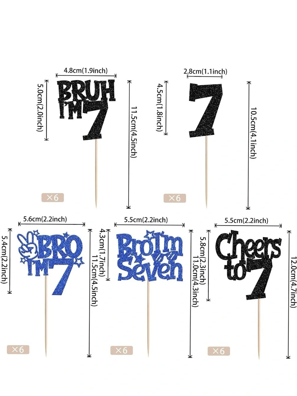 Glitter Number 7 Cupcake Toppers - Blue & Black Celebration Picks